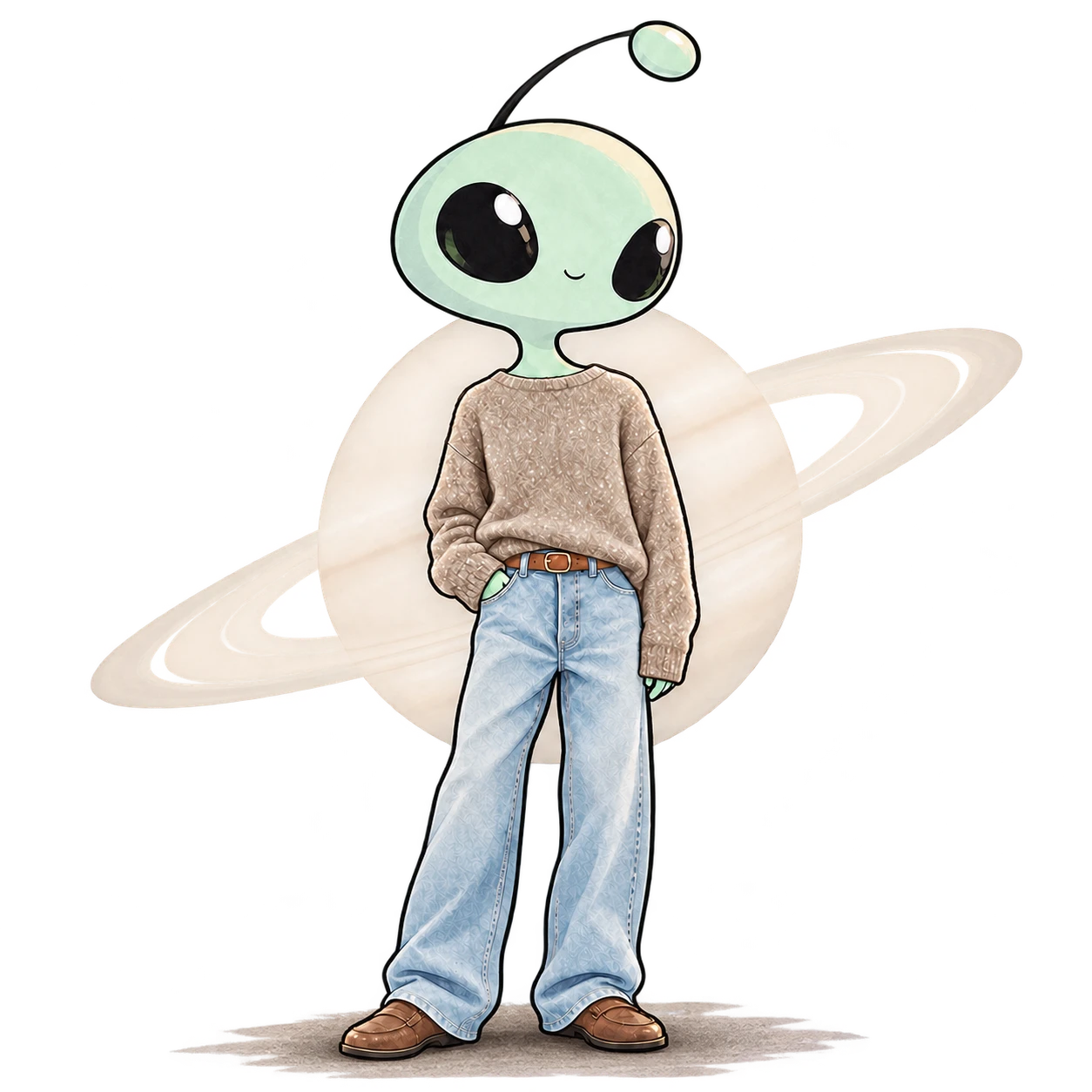 Alcy wearing a soft taupe knit, pale blue jeans and brown loafers