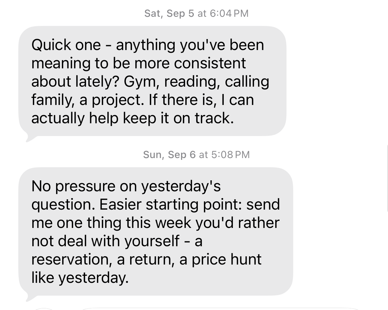 The horizontal agent follows up about consistency with gym, reading, calling family, and projects, then suggests reservations, returns, and price hunts