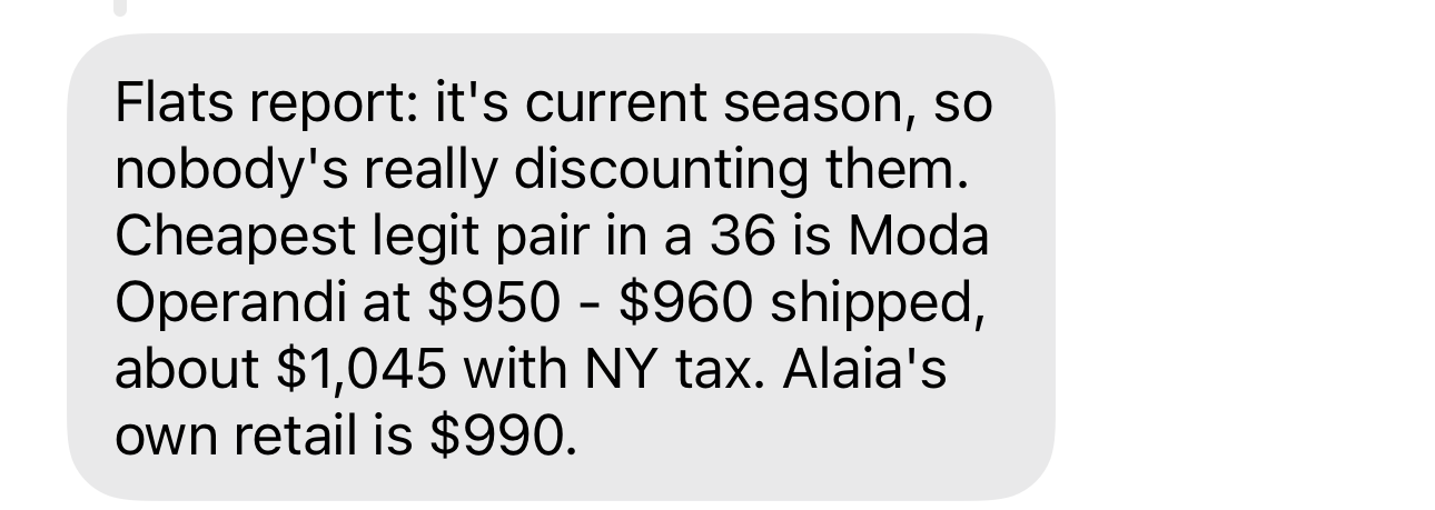 The horizontal agent reports that the shoes are current season, quotes Moda Operandi at $950–$960 shipped, and Alaïa at $990