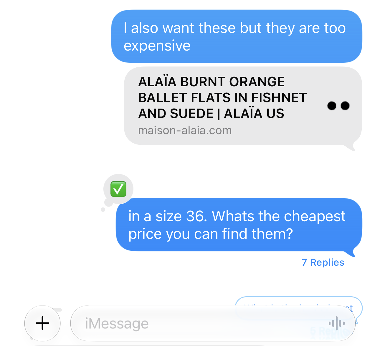 Text conversation asking for the cheapest price for Alaïa burnt-orange fishnet and suede ballet flats in size 36